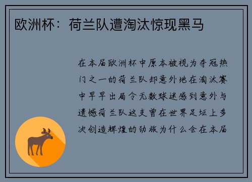 欧洲杯：荷兰队遭淘汰惊现黑马