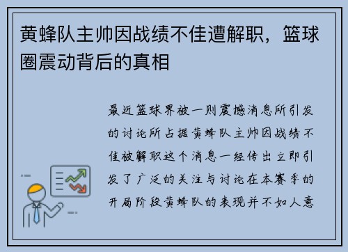 黄蜂队主帅因战绩不佳遭解职，篮球圈震动背后的真相