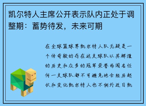 凯尔特人主席公开表示队内正处于调整期：蓄势待发，未来可期