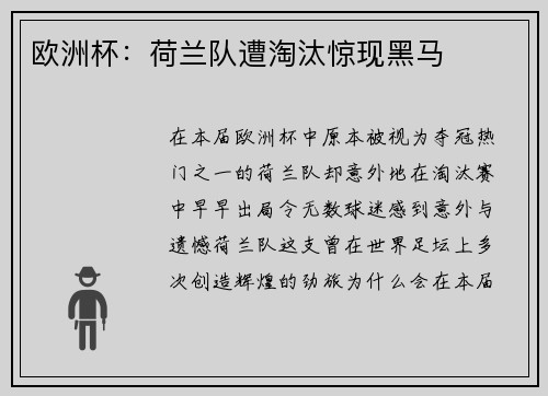 欧洲杯：荷兰队遭淘汰惊现黑马