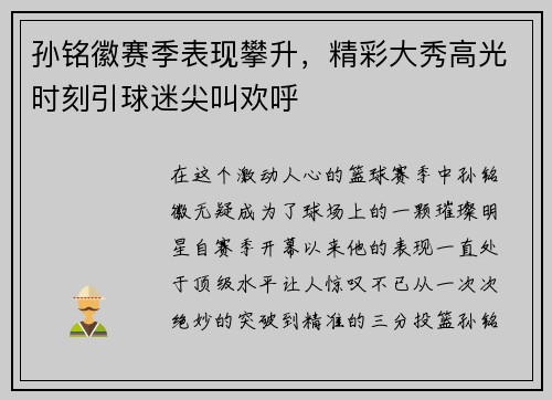 孙铭徽赛季表现攀升，精彩大秀高光时刻引球迷尖叫欢呼
