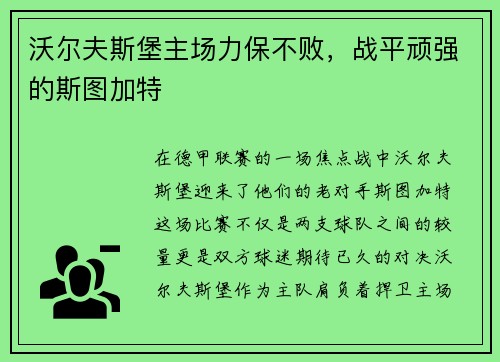 沃尔夫斯堡主场力保不败，战平顽强的斯图加特