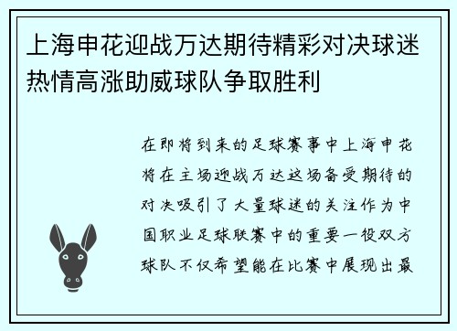 上海申花迎战万达期待精彩对决球迷热情高涨助威球队争取胜利
