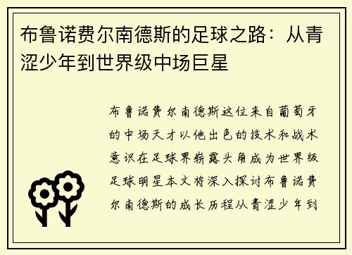布鲁诺费尔南德斯的足球之路：从青涩少年到世界级中场巨星