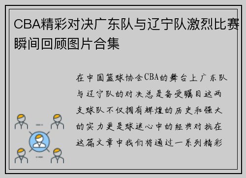 CBA精彩对决广东队与辽宁队激烈比赛瞬间回顾图片合集