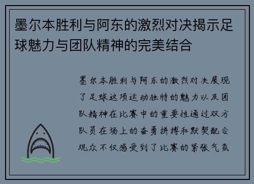 墨尔本胜利与阿东的激烈对决揭示足球魅力与团队精神的完美结合