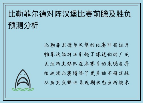 比勒菲尔德对阵汉堡比赛前瞻及胜负预测分析