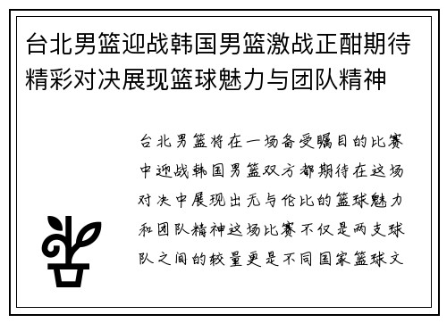 台北男篮迎战韩国男篮激战正酣期待精彩对决展现篮球魅力与团队精神