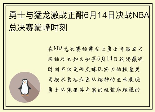 勇士与猛龙激战正酣6月14日决战NBA总决赛巅峰时刻
