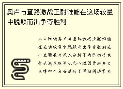 奥卢与查路激战正酣谁能在这场较量中脱颖而出争夺胜利