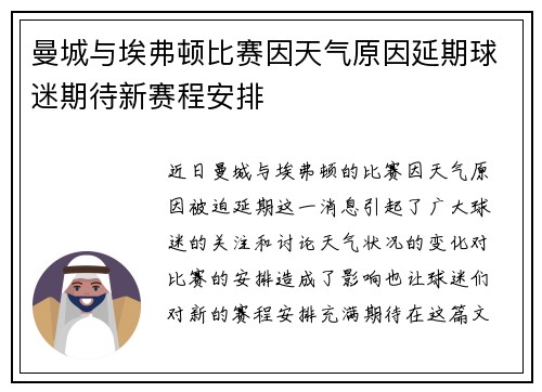 曼城与埃弗顿比赛因天气原因延期球迷期待新赛程安排