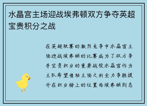 水晶宫主场迎战埃弗顿双方争夺英超宝贵积分之战
