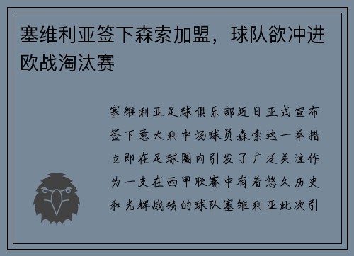 塞维利亚签下森索加盟，球队欲冲进欧战淘汰赛