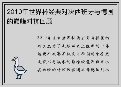 2010年世界杯经典对决西班牙与德国的巅峰对抗回顾