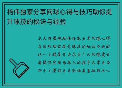 杨伟独家分享网球心得与技巧助你提升球技的秘诀与经验
