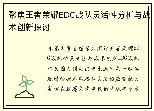 聚焦王者荣耀EDG战队灵活性分析与战术创新探讨