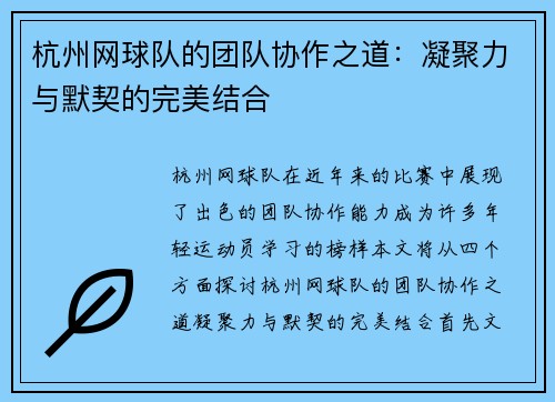 杭州网球队的团队协作之道：凝聚力与默契的完美结合