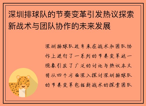深圳排球队的节奏变革引发热议探索新战术与团队协作的未来发展