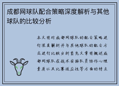 成都网球队配合策略深度解析与其他球队的比较分析