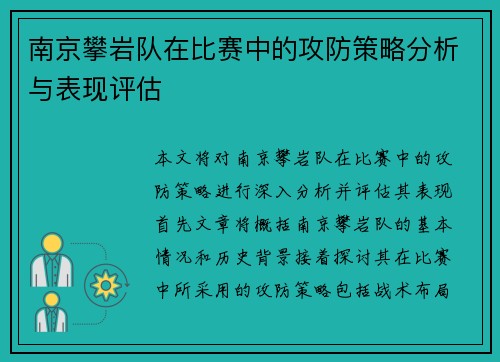 南京攀岩队在比赛中的攻防策略分析与表现评估